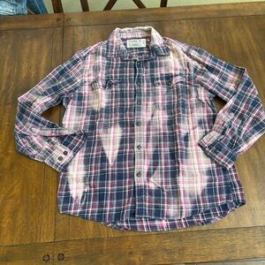 Franklin Flannel Vintage Plaid Distressed Upcycled LS Shirt Mens L Purple Bleach